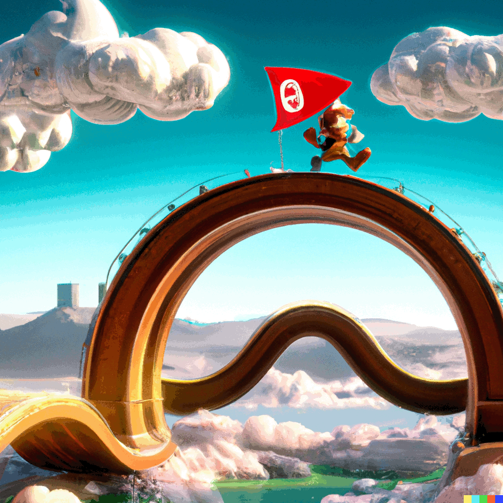 A colorful illustration of a small character running on top of a Moebius loop.