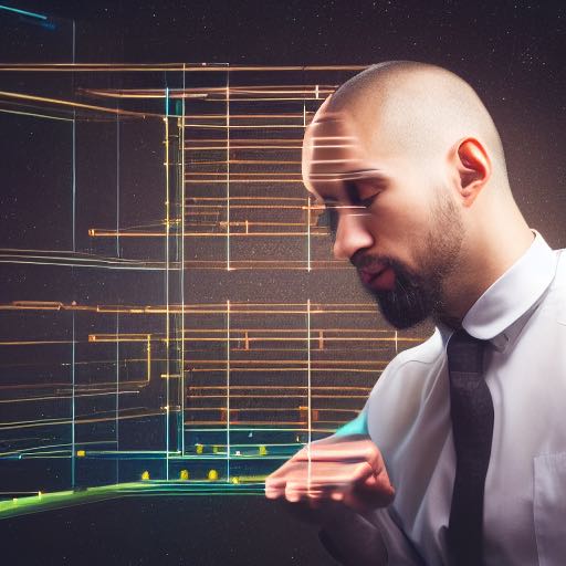 A man wearing a suit, doing some accounting with an abstract holographic abacus 