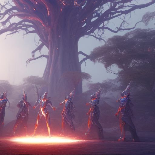 A drawing of wizards in a circle beneath a tree.