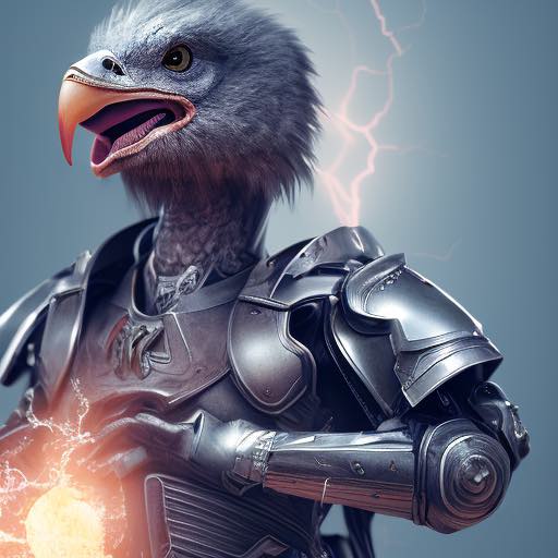 An armoured war ostrich striking an apple with electric arcs.